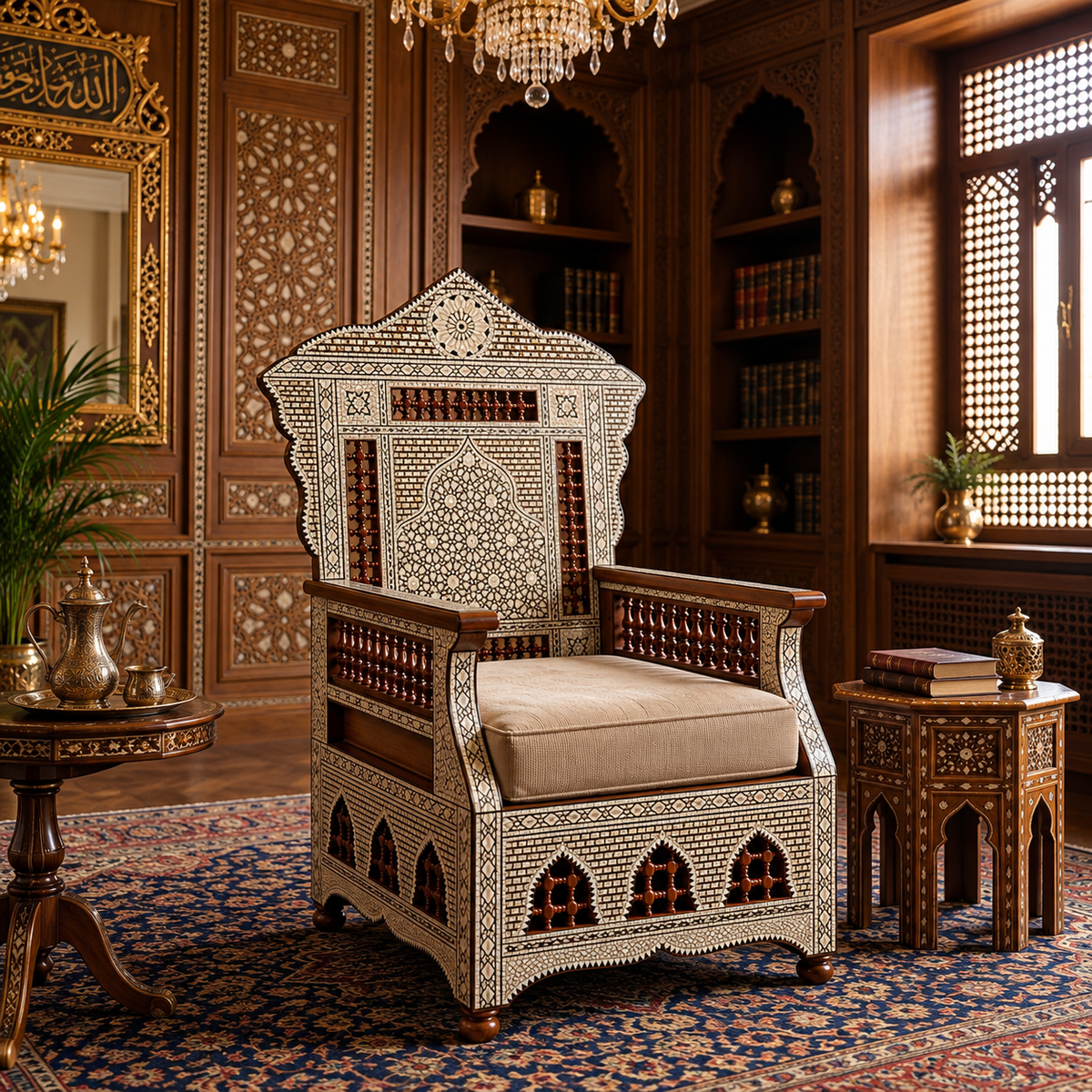 Sillón de Honor Real en Madera y Taraceada de Nácar – Estilo Faraónico Oriental