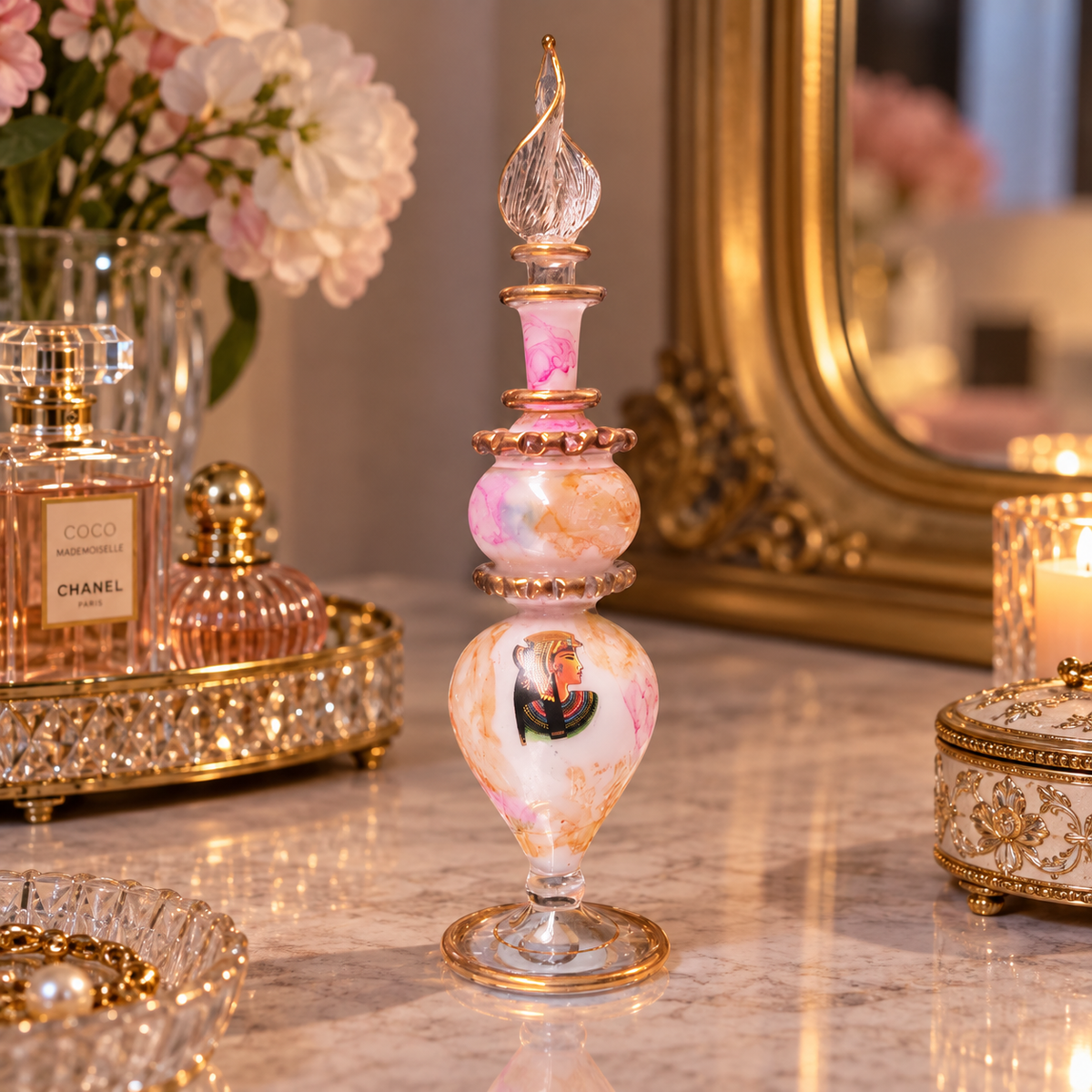 Frasco Perfumero Estampado Egipcio – Elegancia y Misterio del Antiguo Egipto