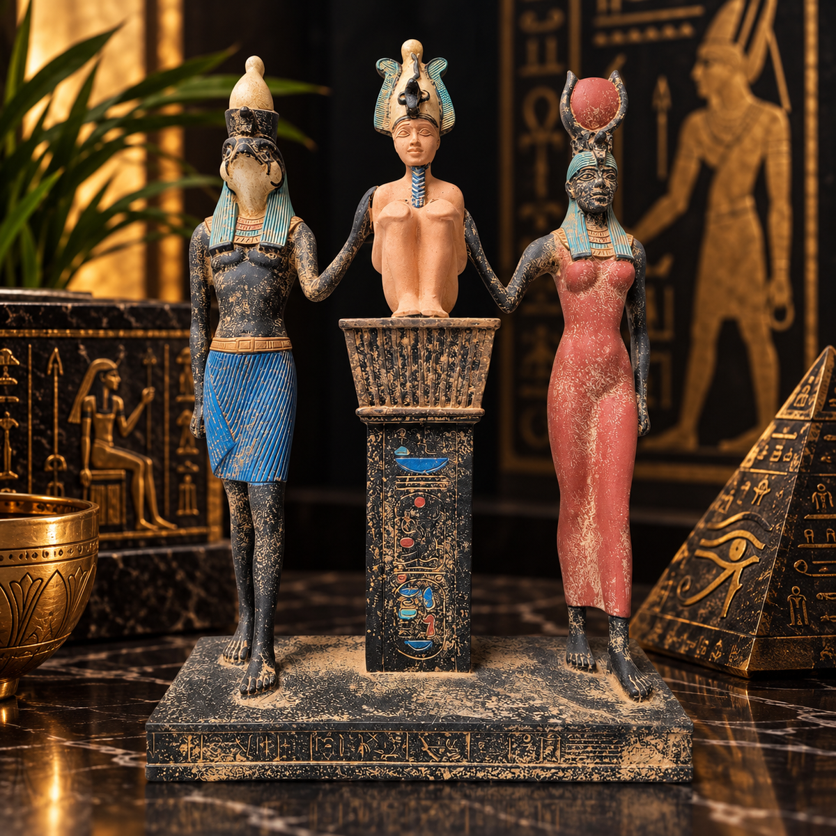 Tríada Sagrada Osiríaca – Osiris, Horus e Isis en Escultura de Galería