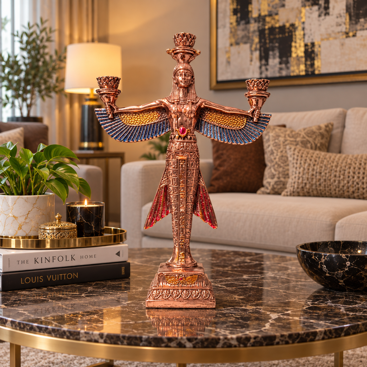 Candelabro Escultural Isis Alada – Luz y Esplendor Dorado