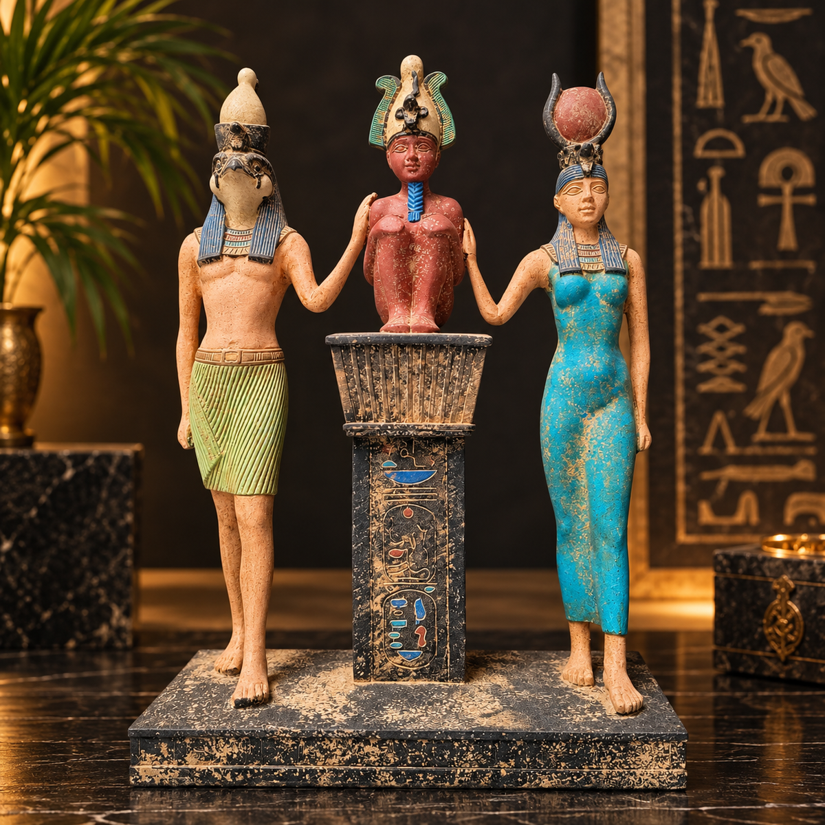 Tríada Sagrada Osiríaca – Osiris, Horus e Isis en Escultura de Galería