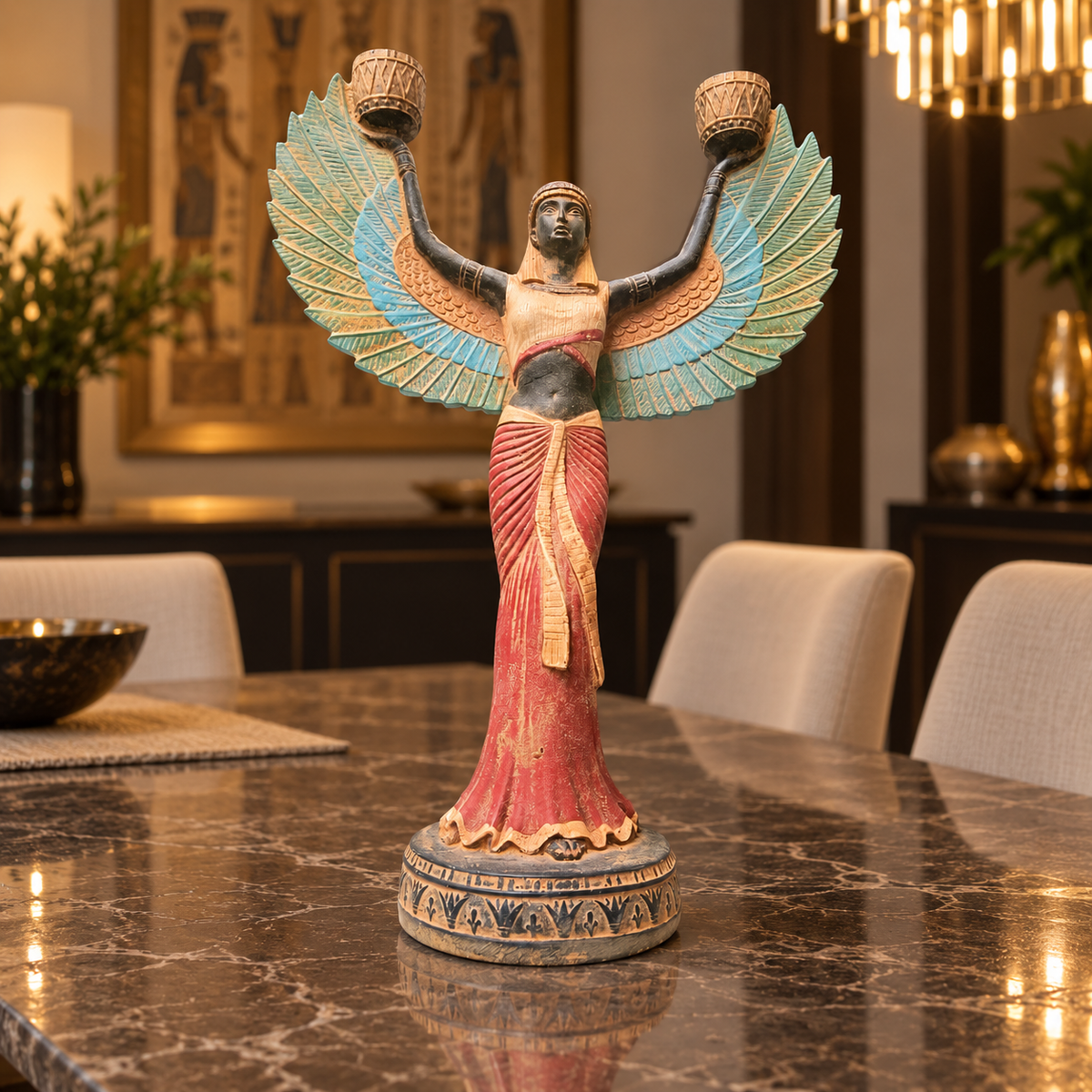 Candelabro Escultural Isis Alada – Rojo Ceremonial y Turquesa